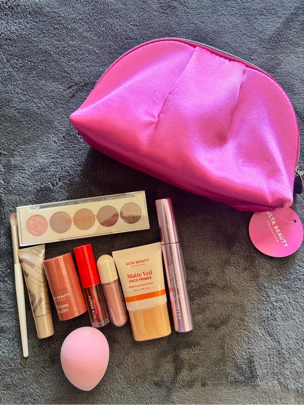 Ulta Beauty Pink Cosmetic Pouch with Eyeshadow Palette & Makeup Essentials